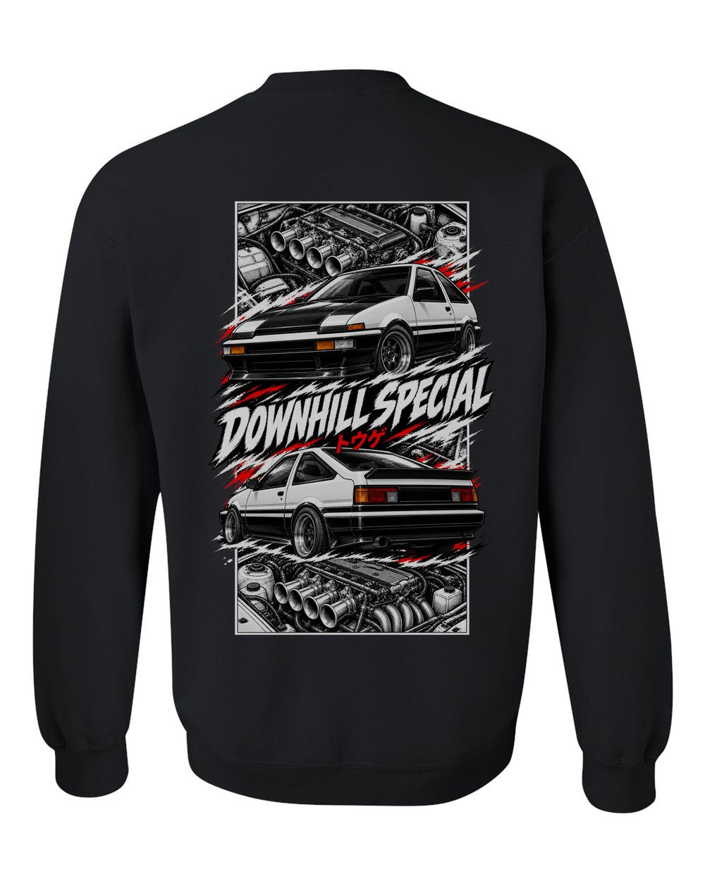 Toyota Ae86 torn poster black crewneck back view with the design