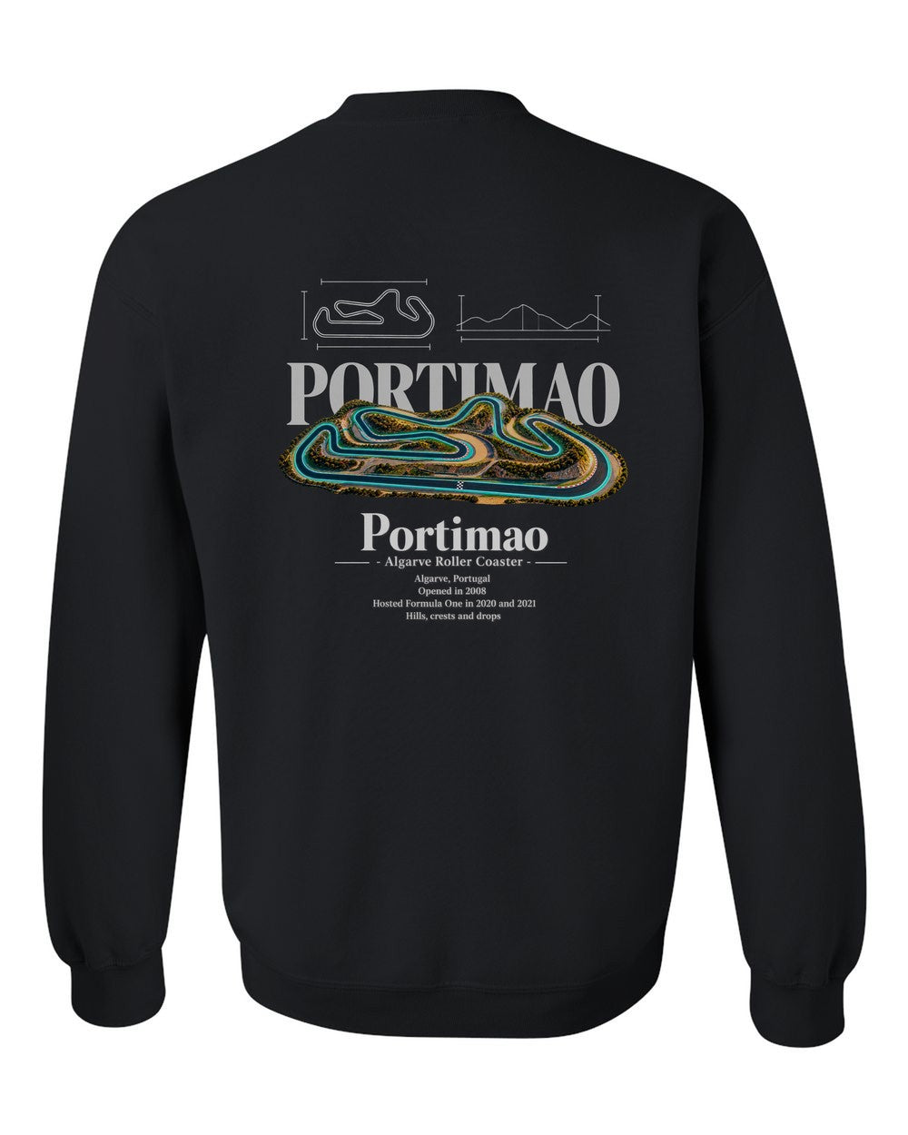 Portimao black crewneck back view with the design