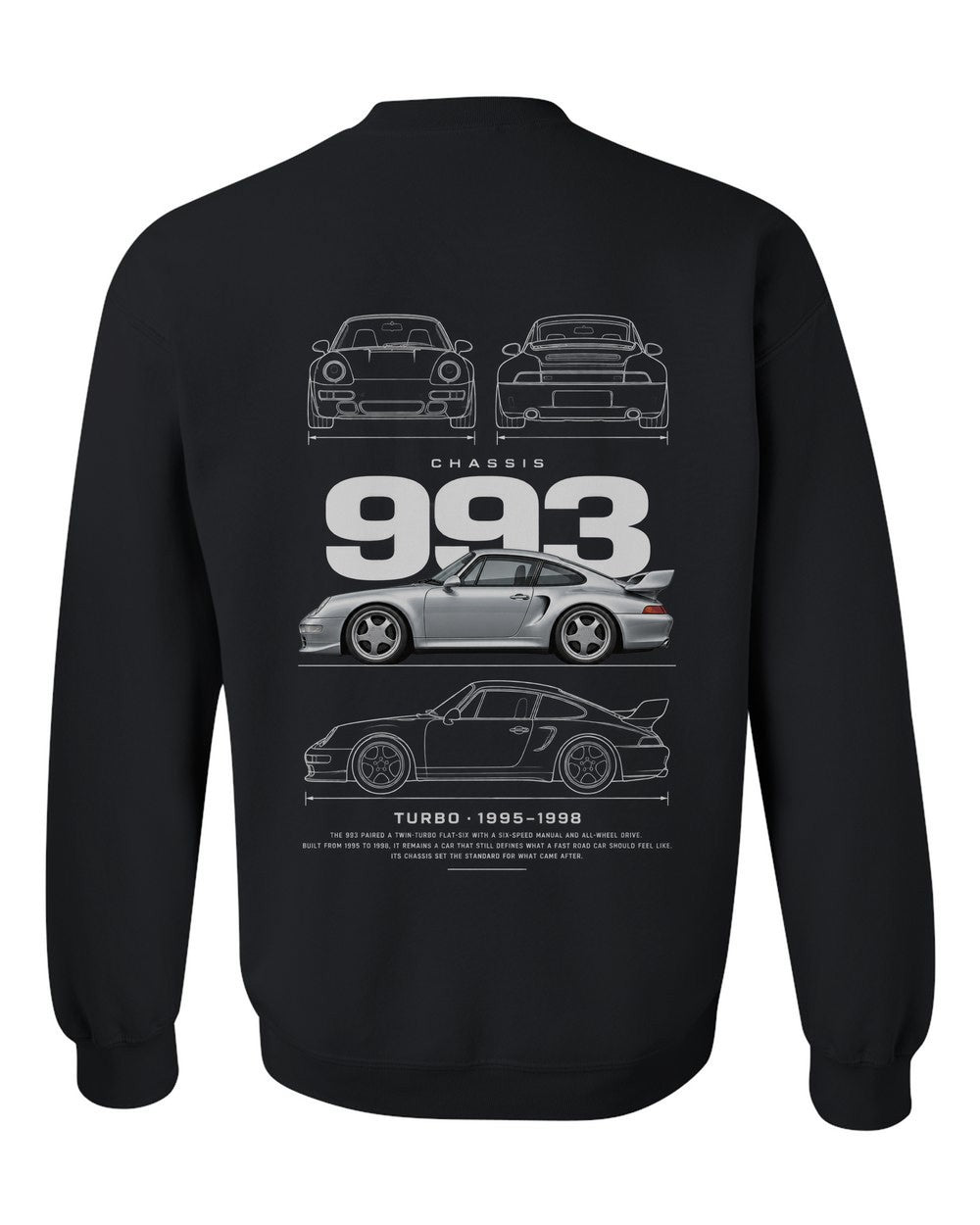 993 full-back artwork black crewneck back view with the design