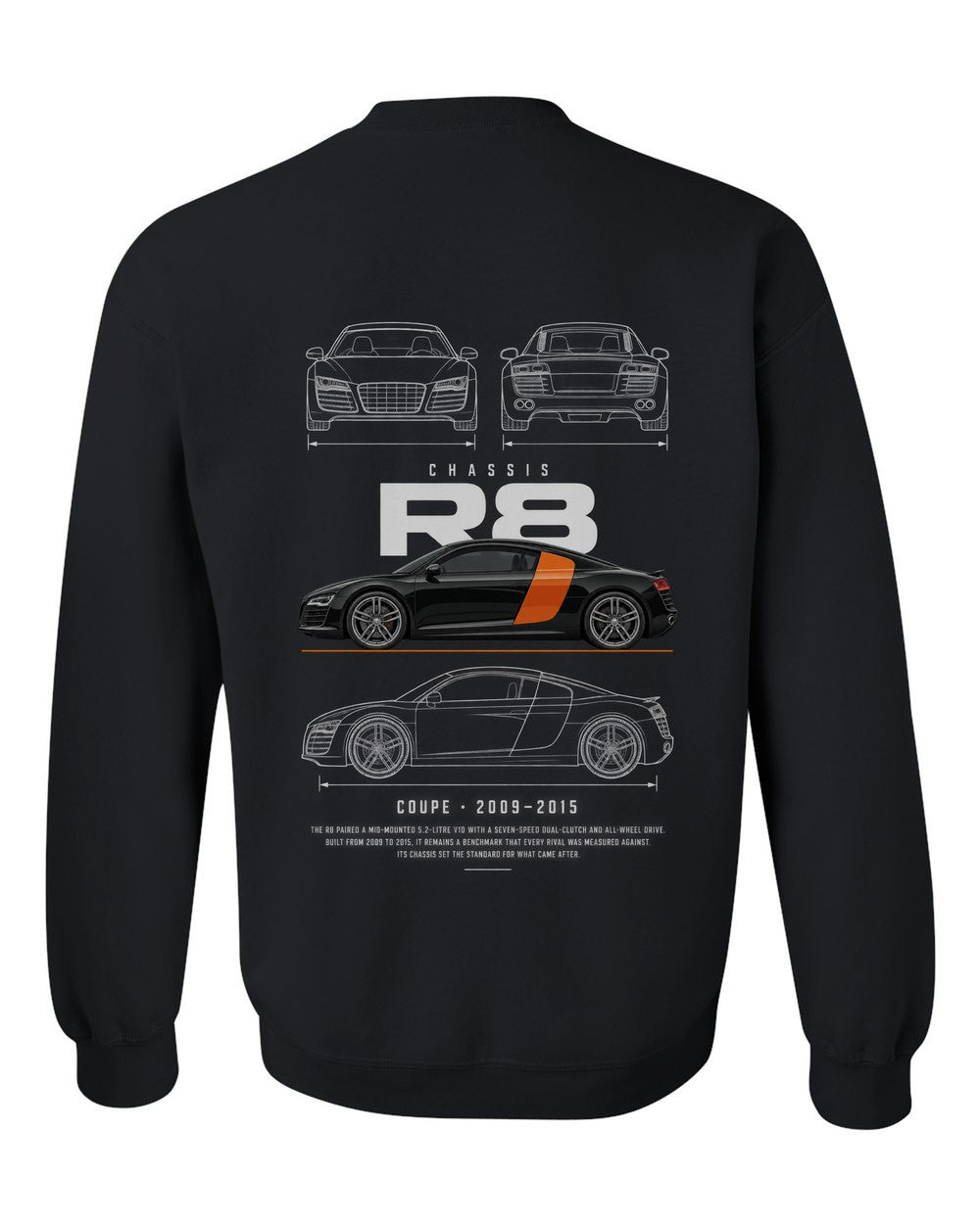 R8 full-back artwork black crewneck back view with the design