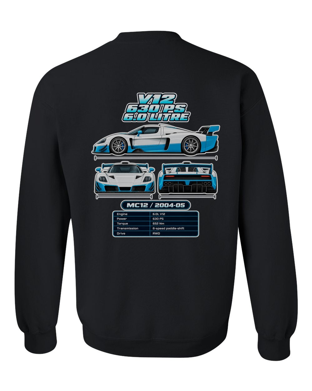 Maserati Mc12 spec sheet black crewneck back view with the design