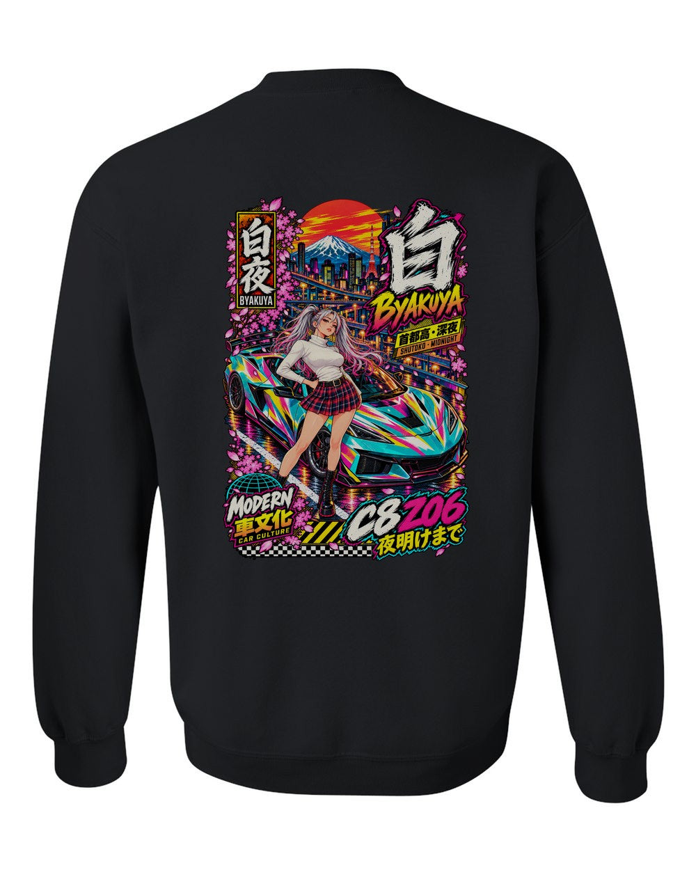 BYAKUYA C8 Z06 full-back artwork black crewneck back view with the design