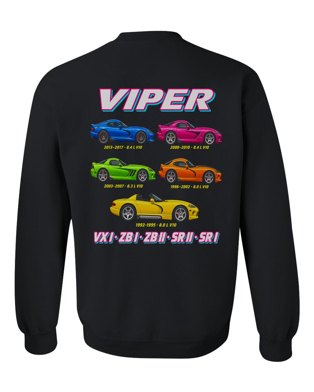 Dodge Viper evolution poster black crewneck back view with the design