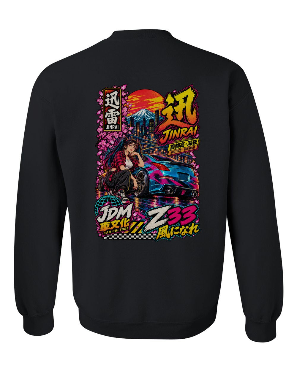 JINRAI Z33 full-back artwork black crewneck back view with the design