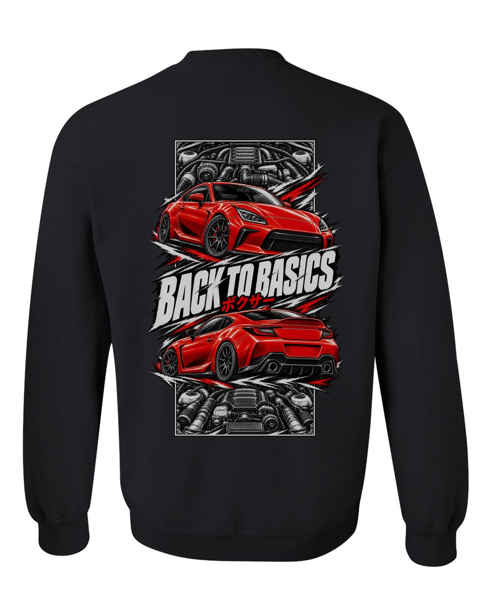 Toyota Gr86 torn poster black crewneck back view with the design