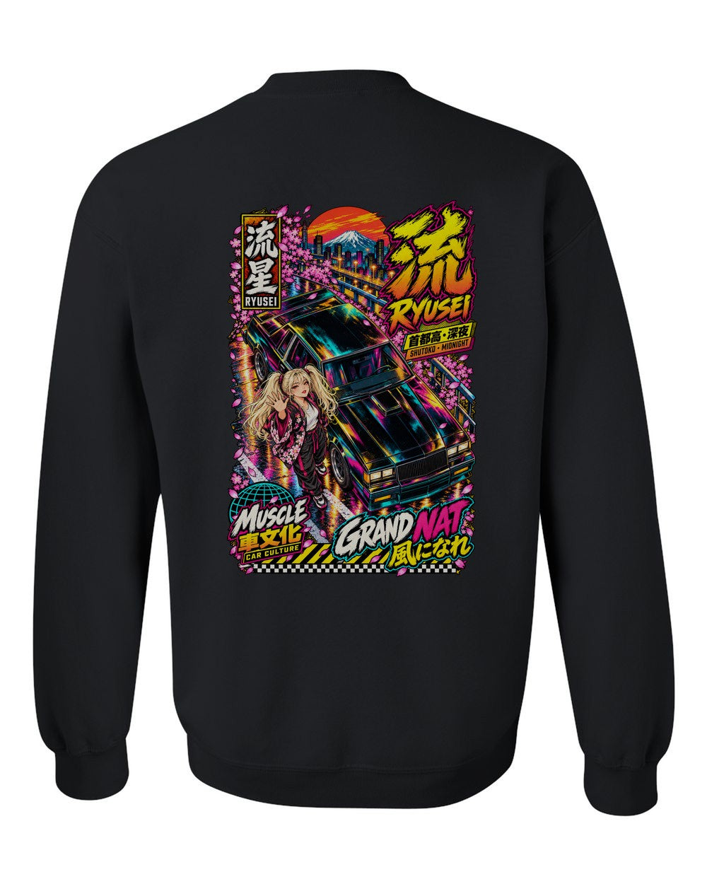 RYUSEI GRAND NAT full-back artwork black crewneck back view with the design