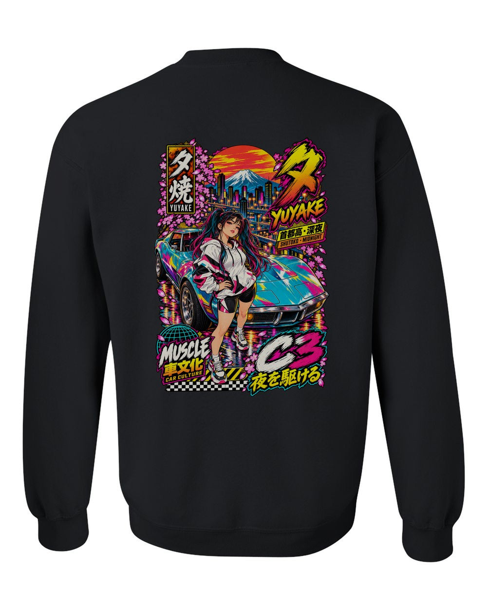 YUYAKE C3 full-back artwork black crewneck back view with the design
