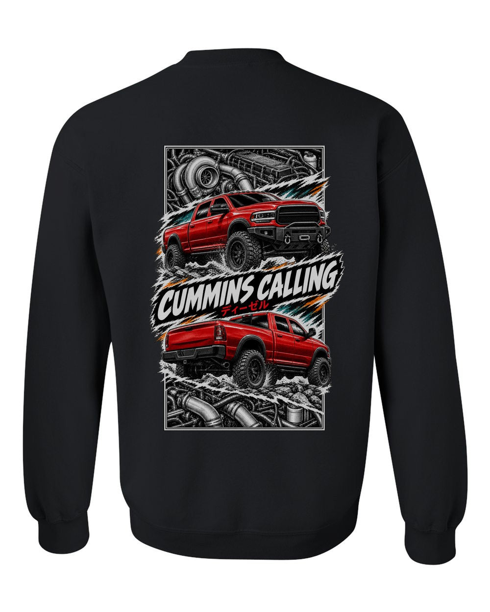 RAM Cummins torn poster black crewneck back view with the design
