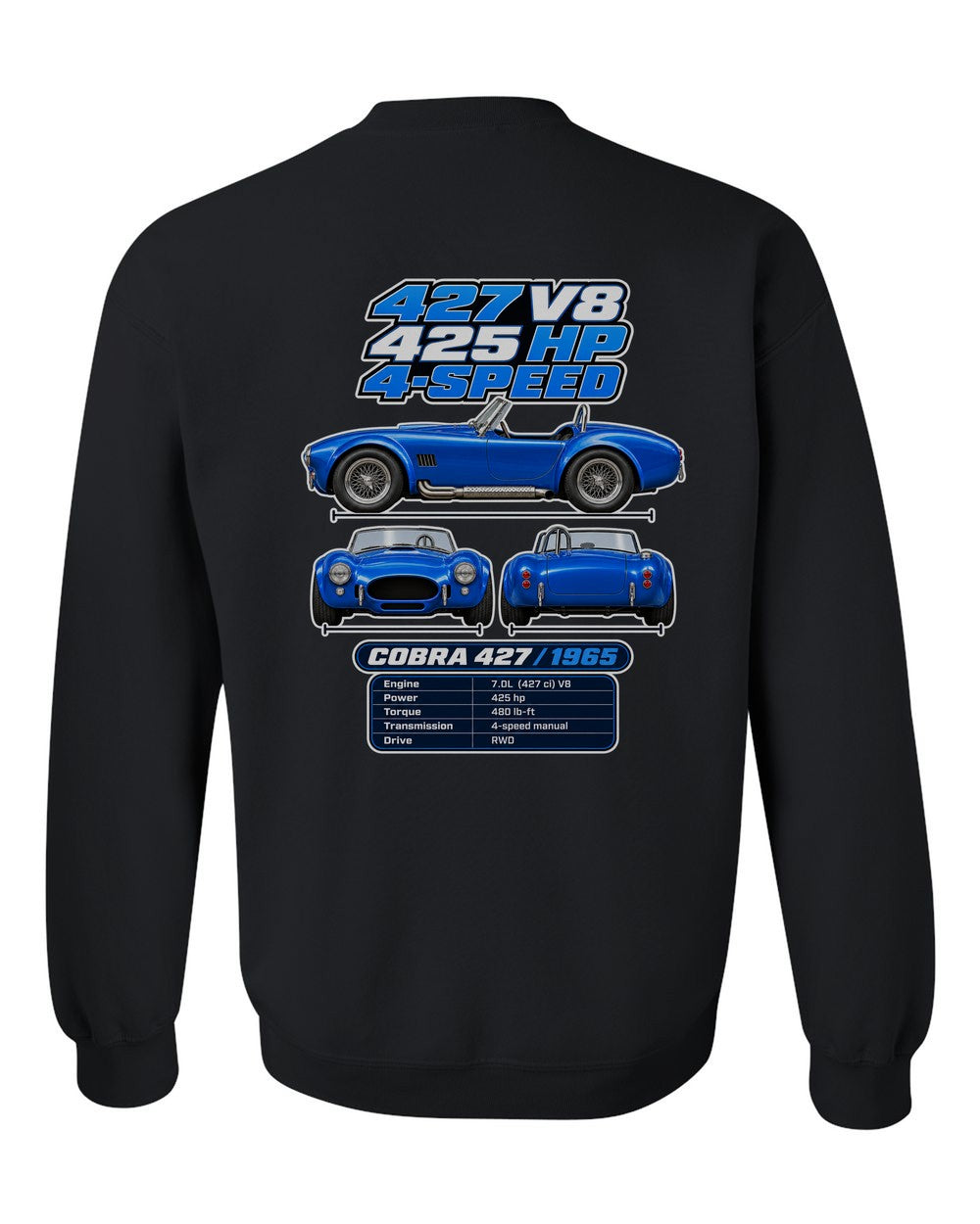 Shelby Cobra 427 spec sheet black crewneck back view with the design