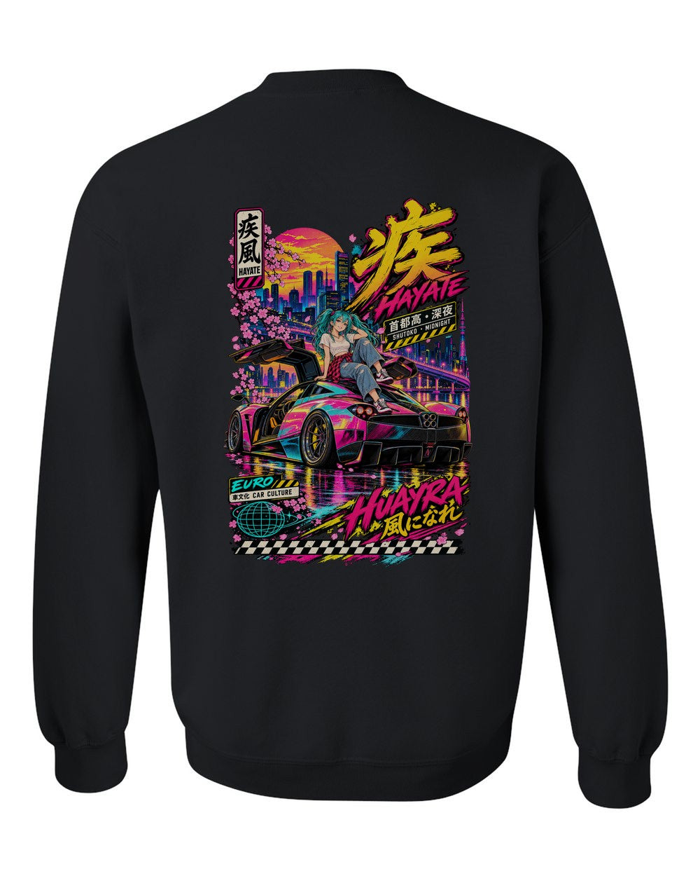 HAYATE HUAYRA full-back artwork black crewneck back view with the design
