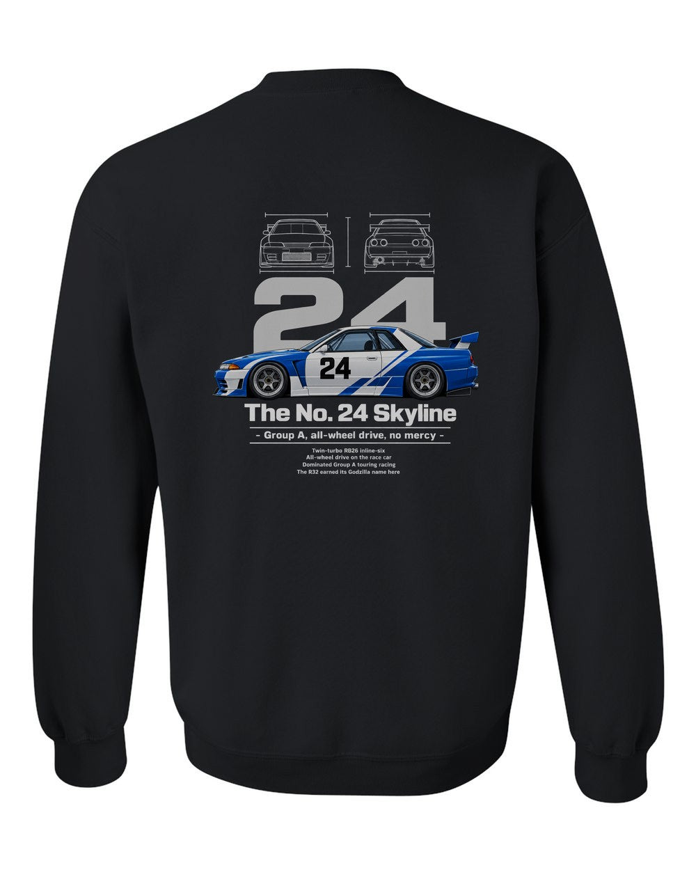 No. 24 Skyline black crewneck back view with the design