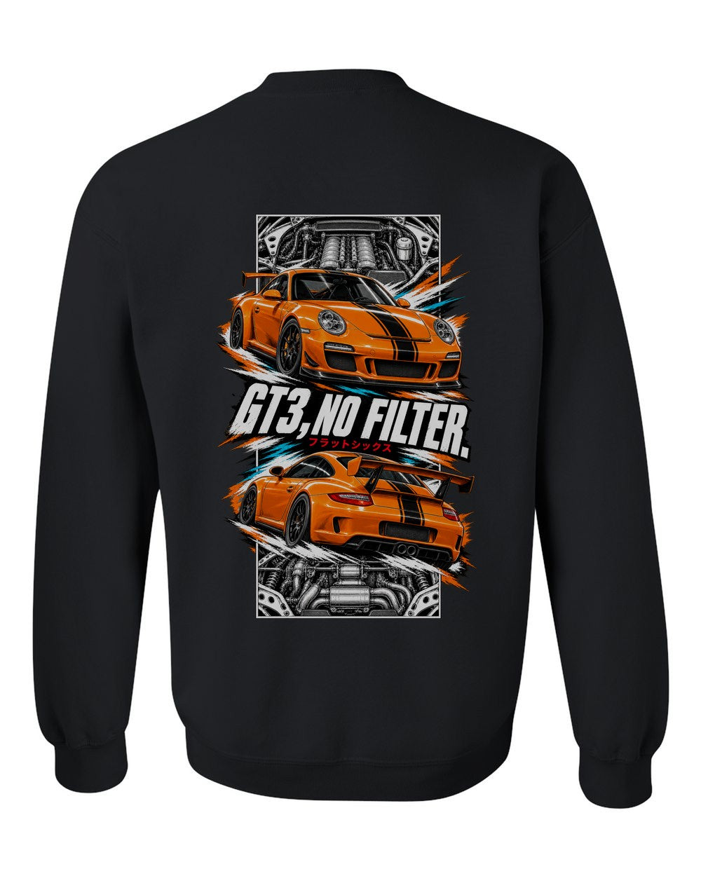 Porsche 997 Gt3 torn poster black crewneck back view with the design