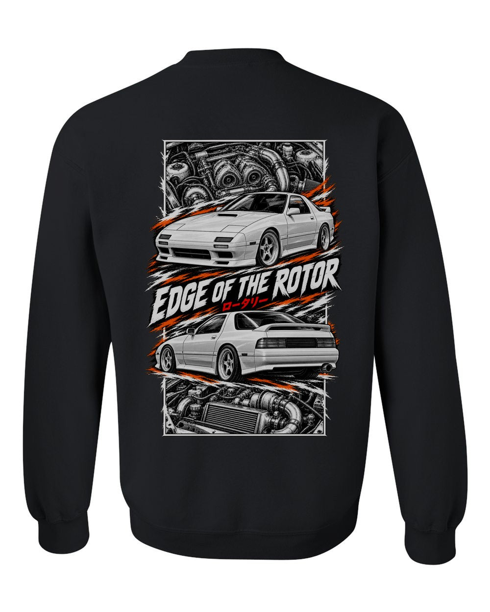 Mazda RX-7 Fc3S torn poster black crewneck back view with the design