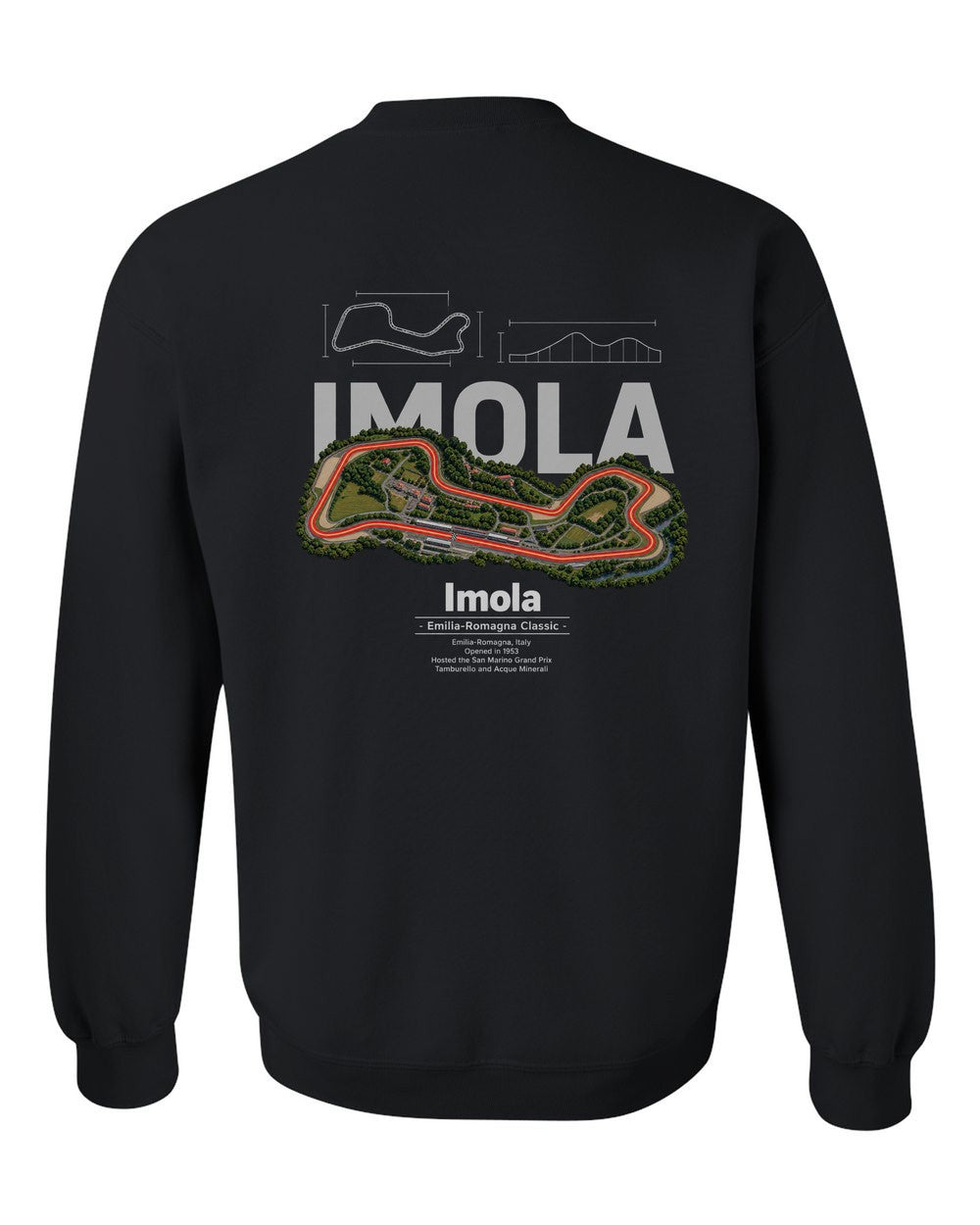 Imola black crewneck back view with the design