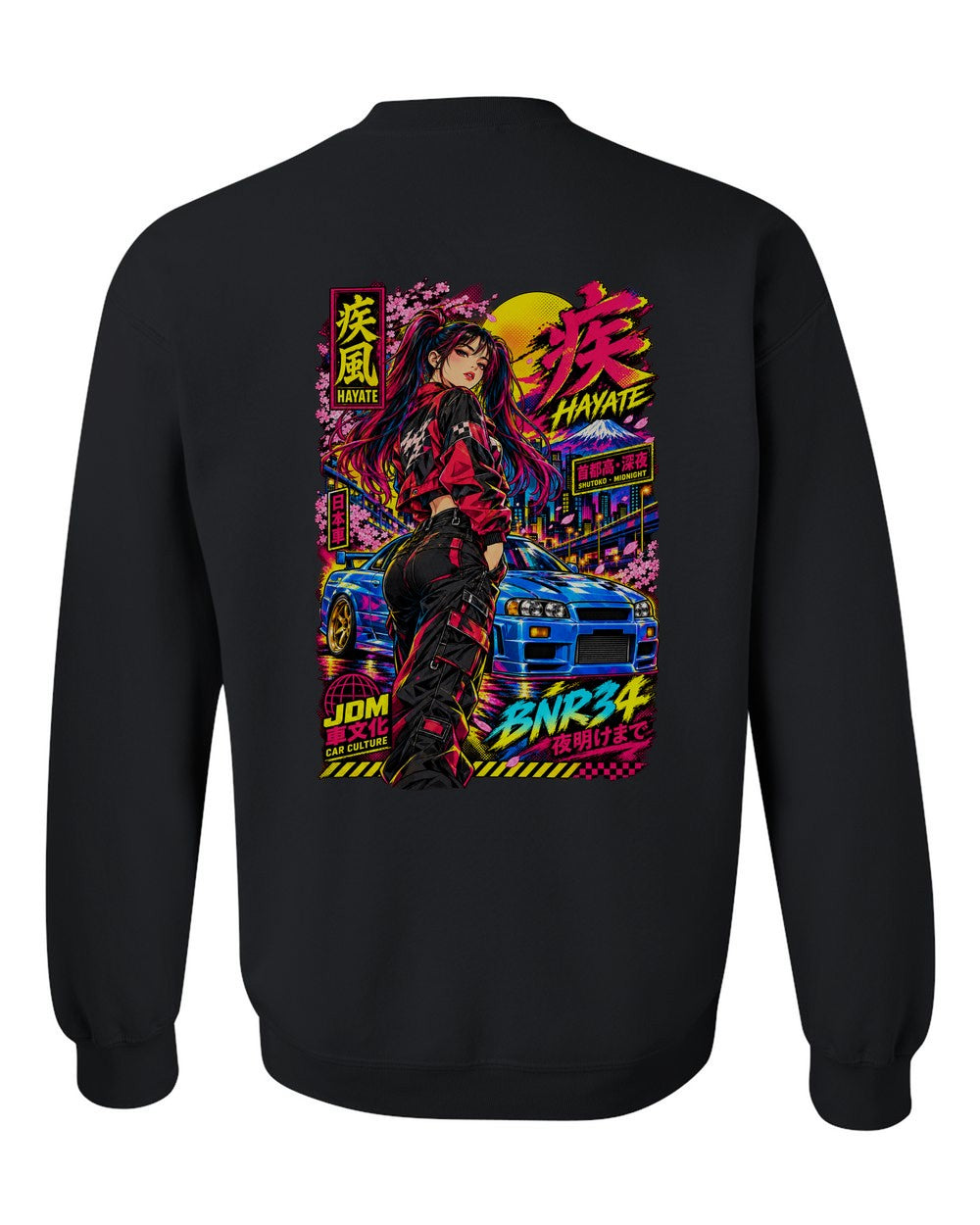 HAYATE BNR34 full-back artwork black crewneck back view with the design