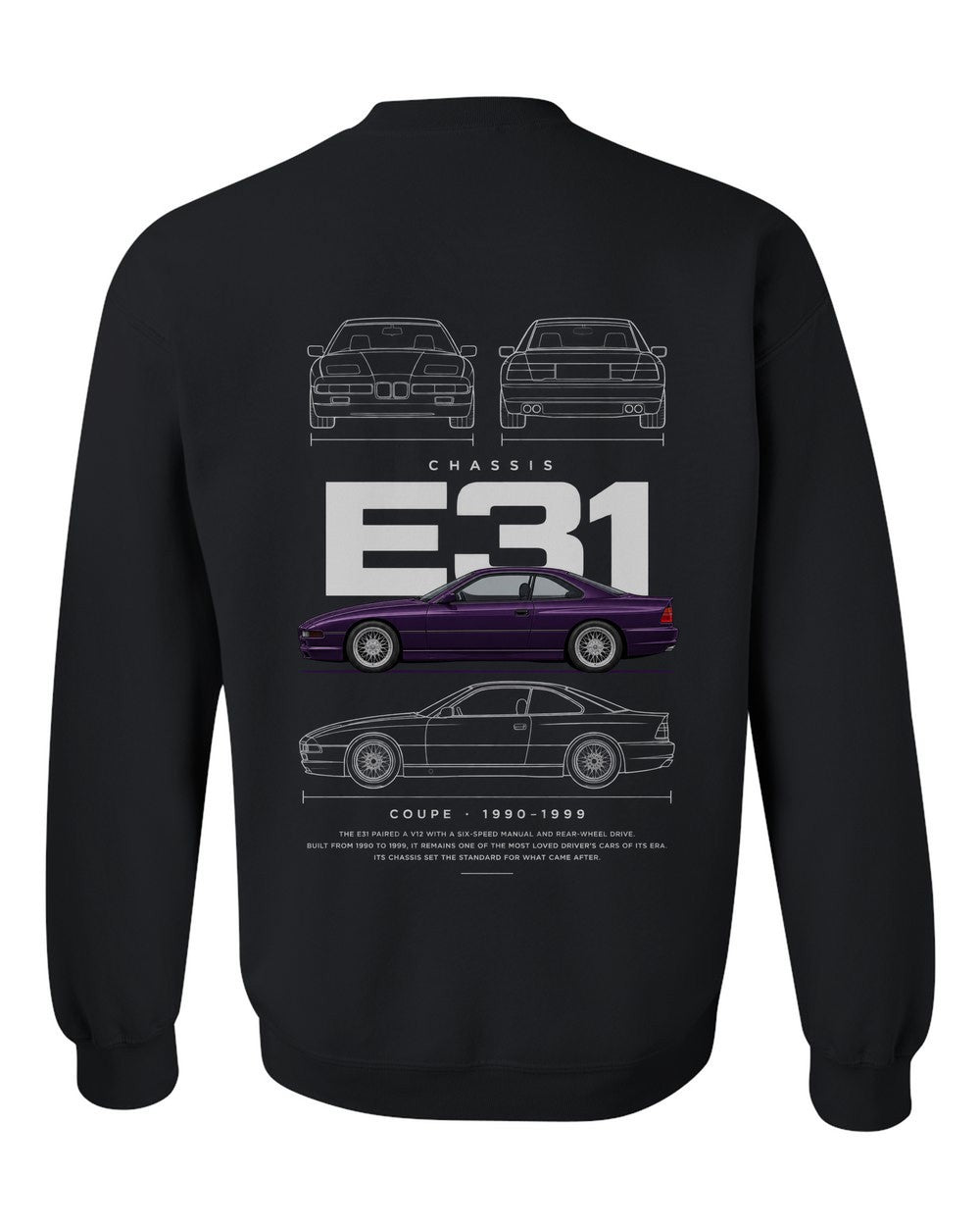 E31 full-back artwork black crewneck back view with the design