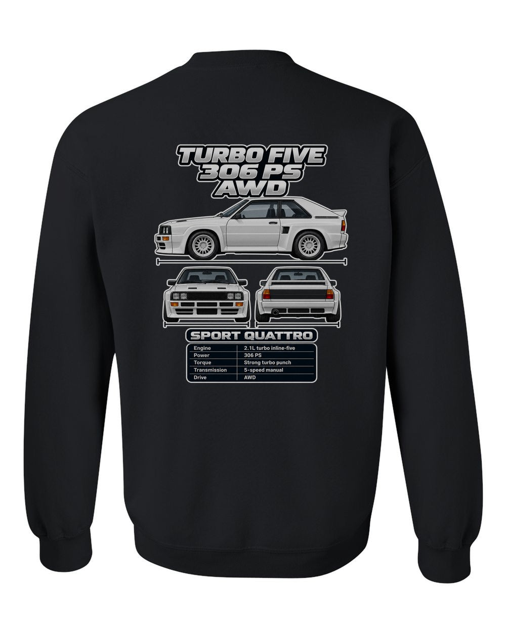 Audi Sport Quattro spec sheet black crewneck back view with the design