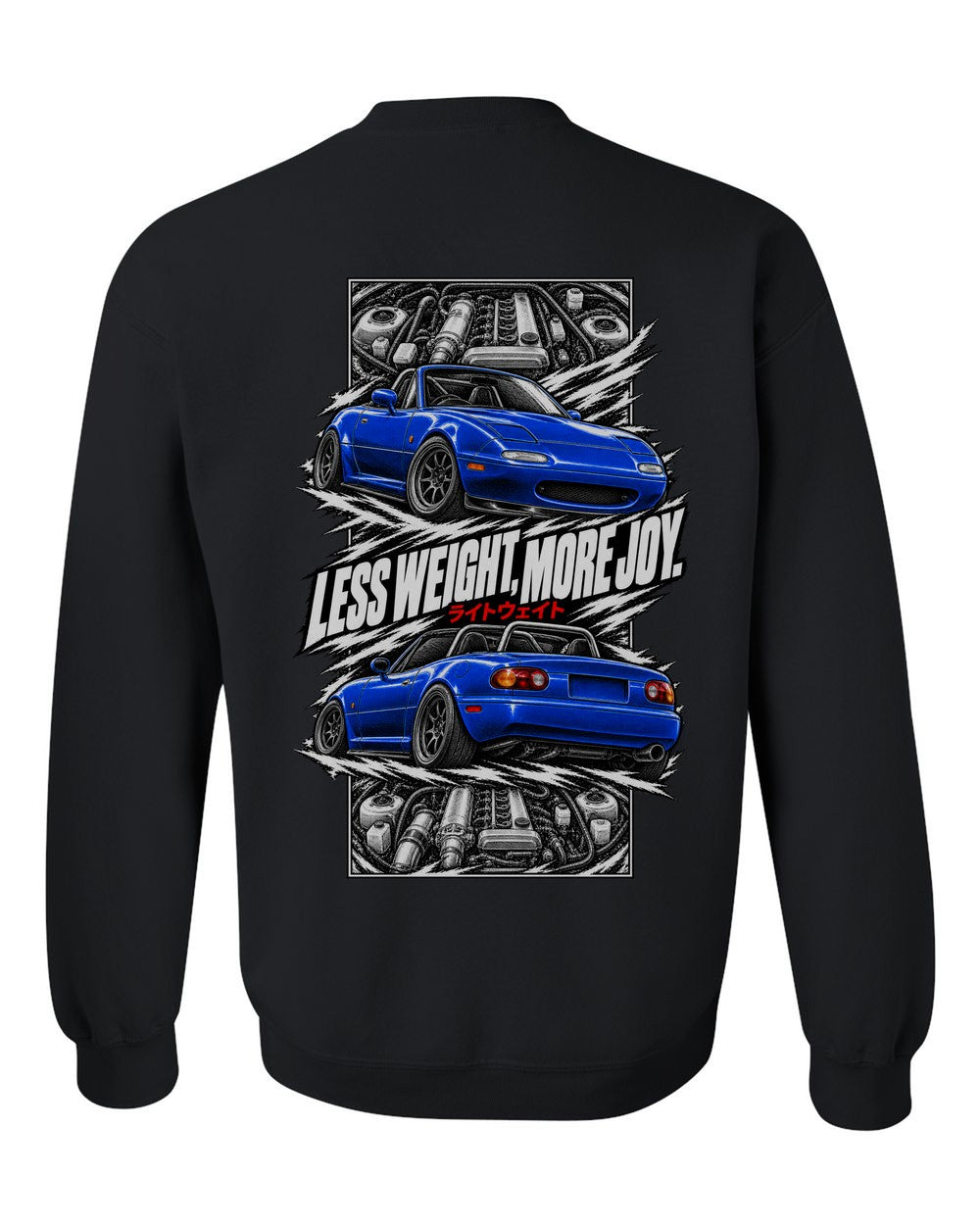 Mazda MX-5 Miata Na torn poster black crewneck back view with the design