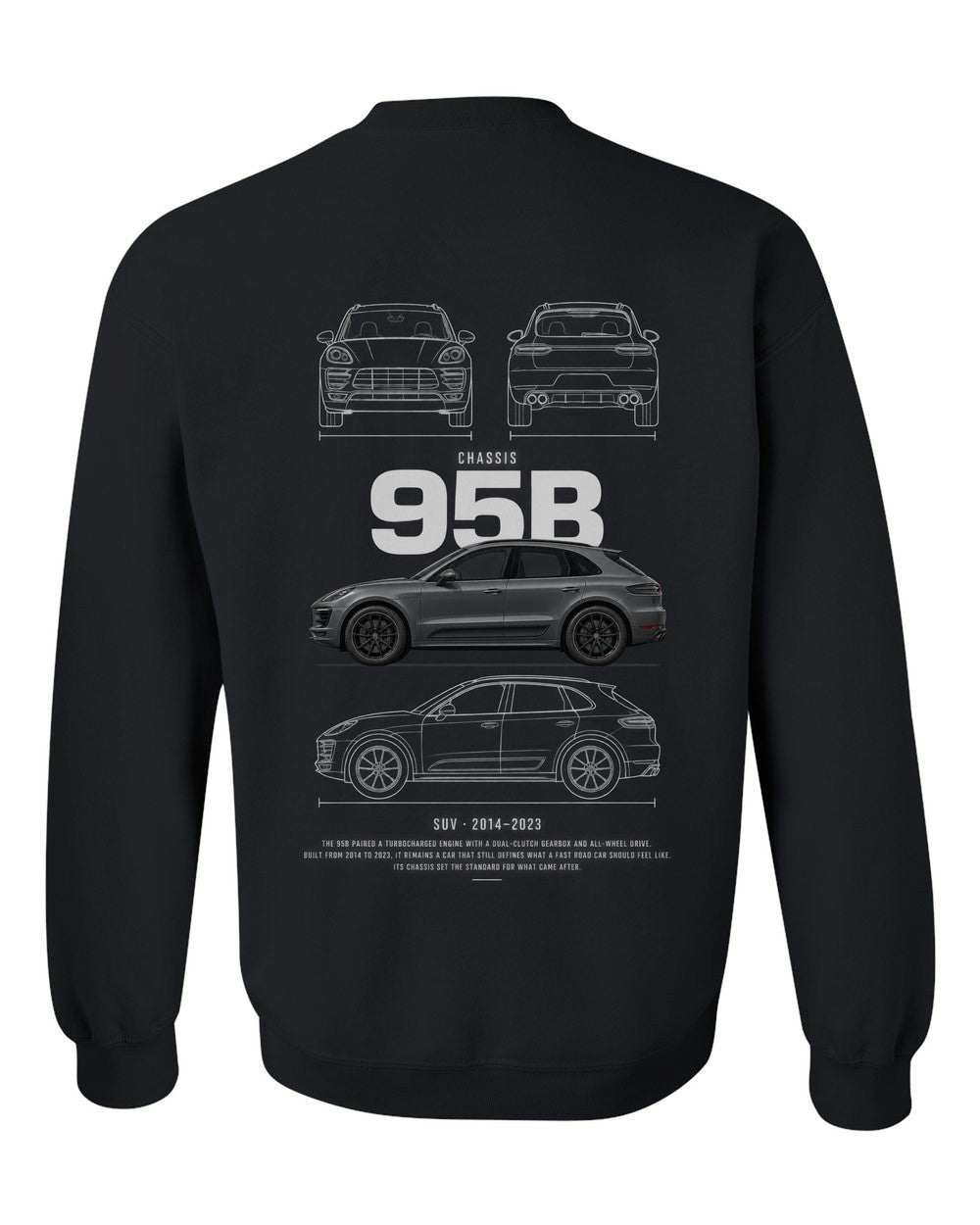95B full-back artwork black crewneck back view with the design