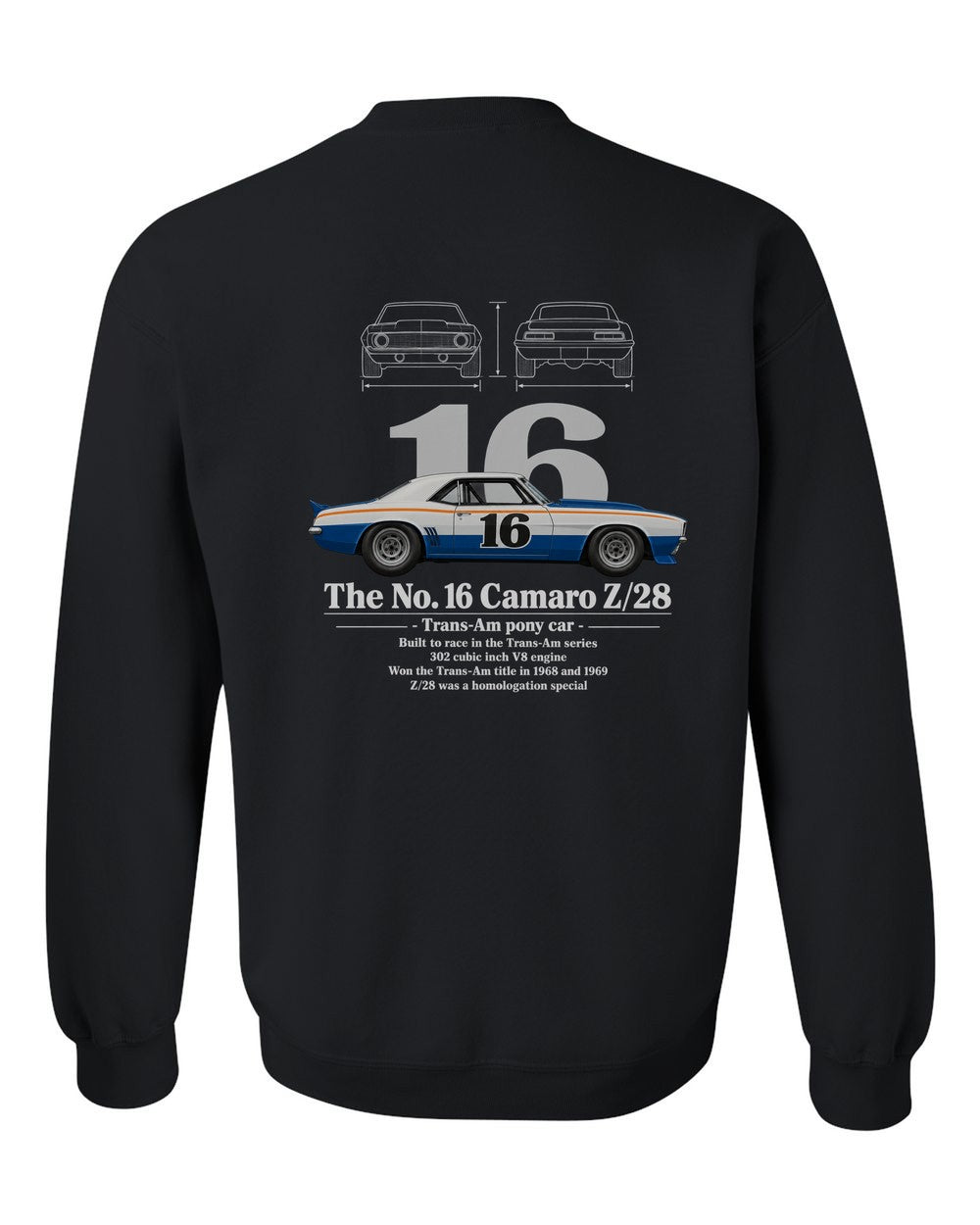 No. 16 Camaro Z/28 black crewneck back view with the design
