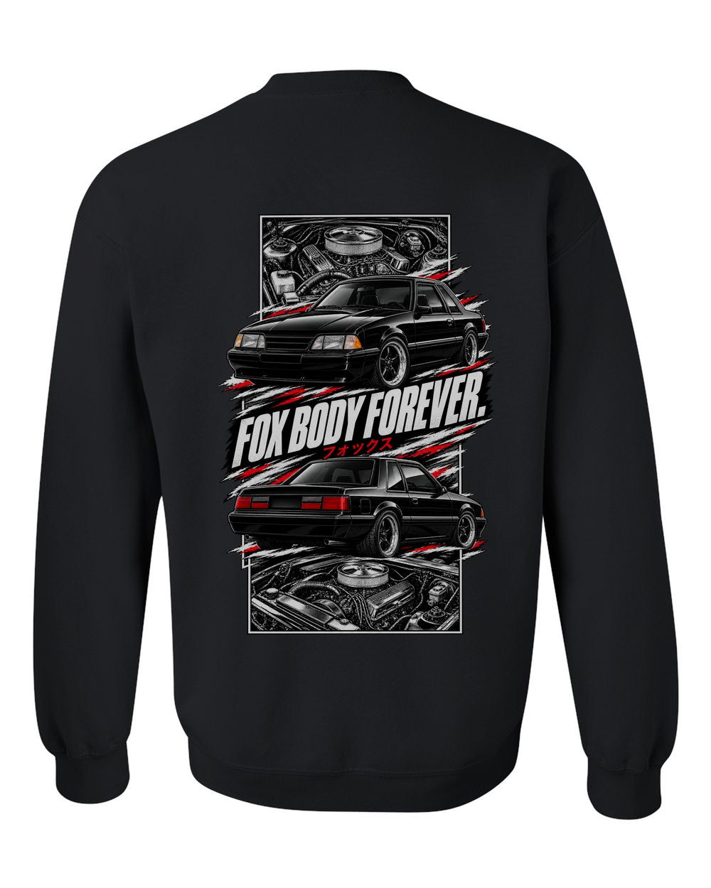 Ford Mustang Fox Body torn poster black crewneck back view with the design