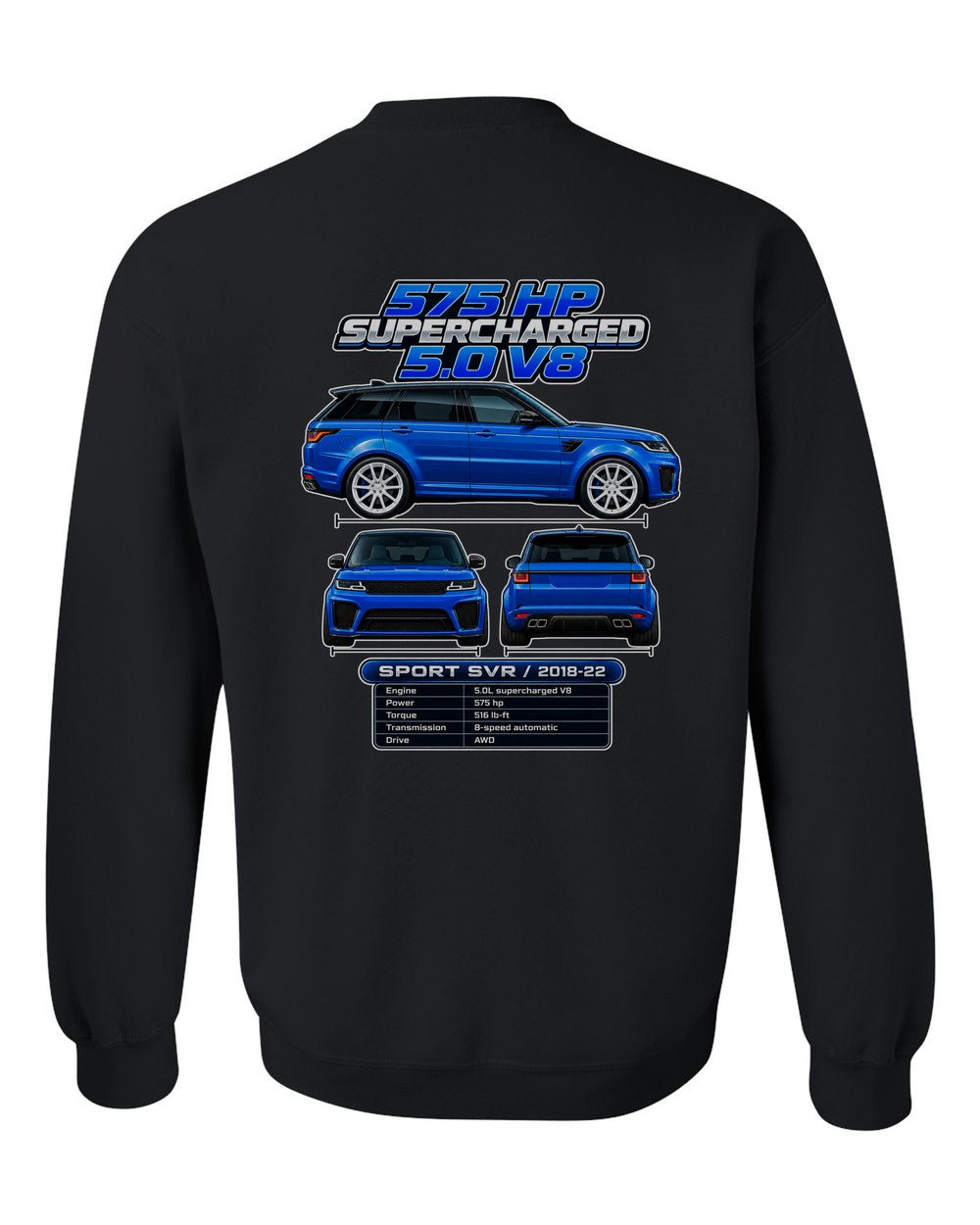Range Rover Sport Svr spec sheet black crewneck back view with the design