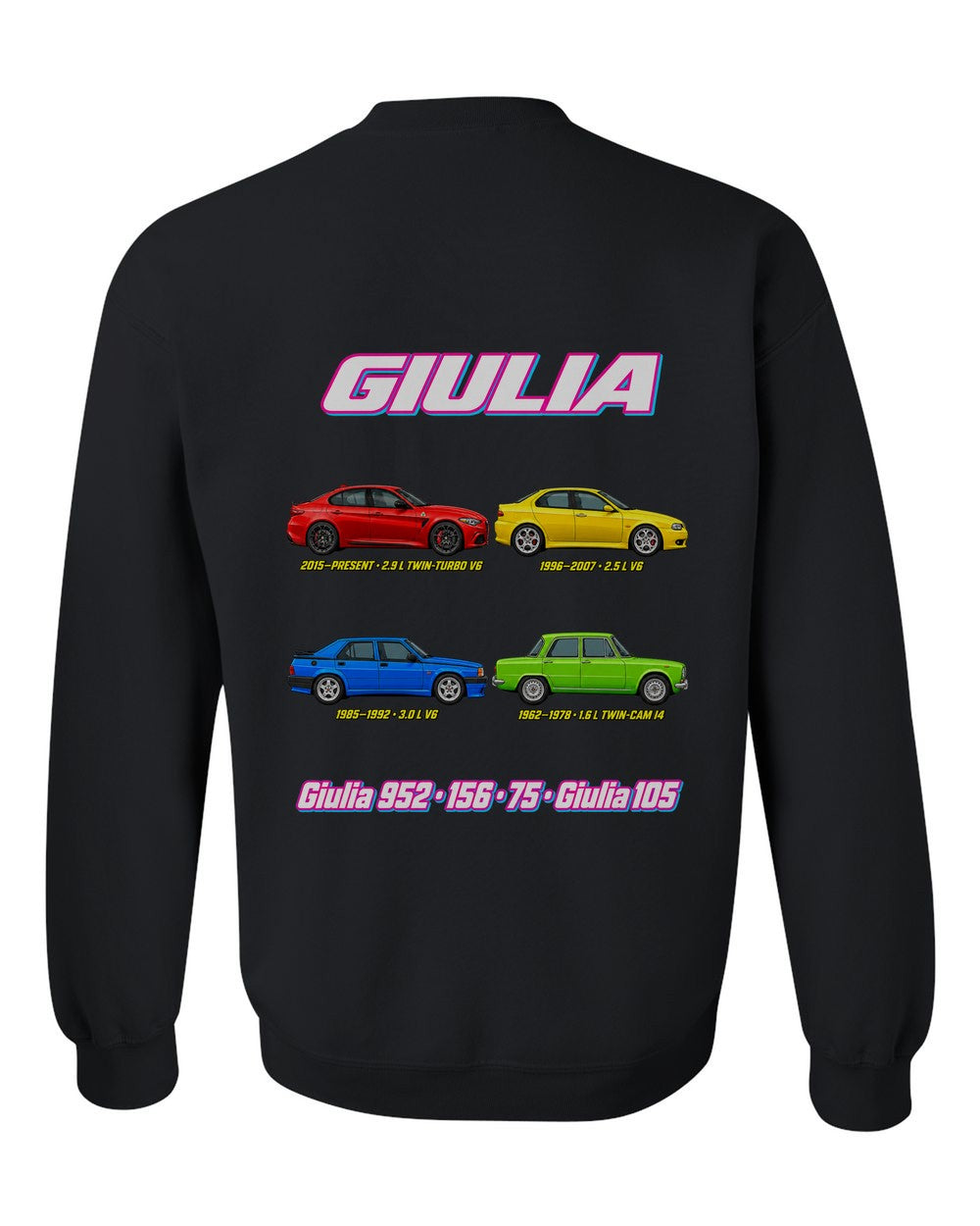 Alfa Giulia evolution poster black crewneck back view with the design