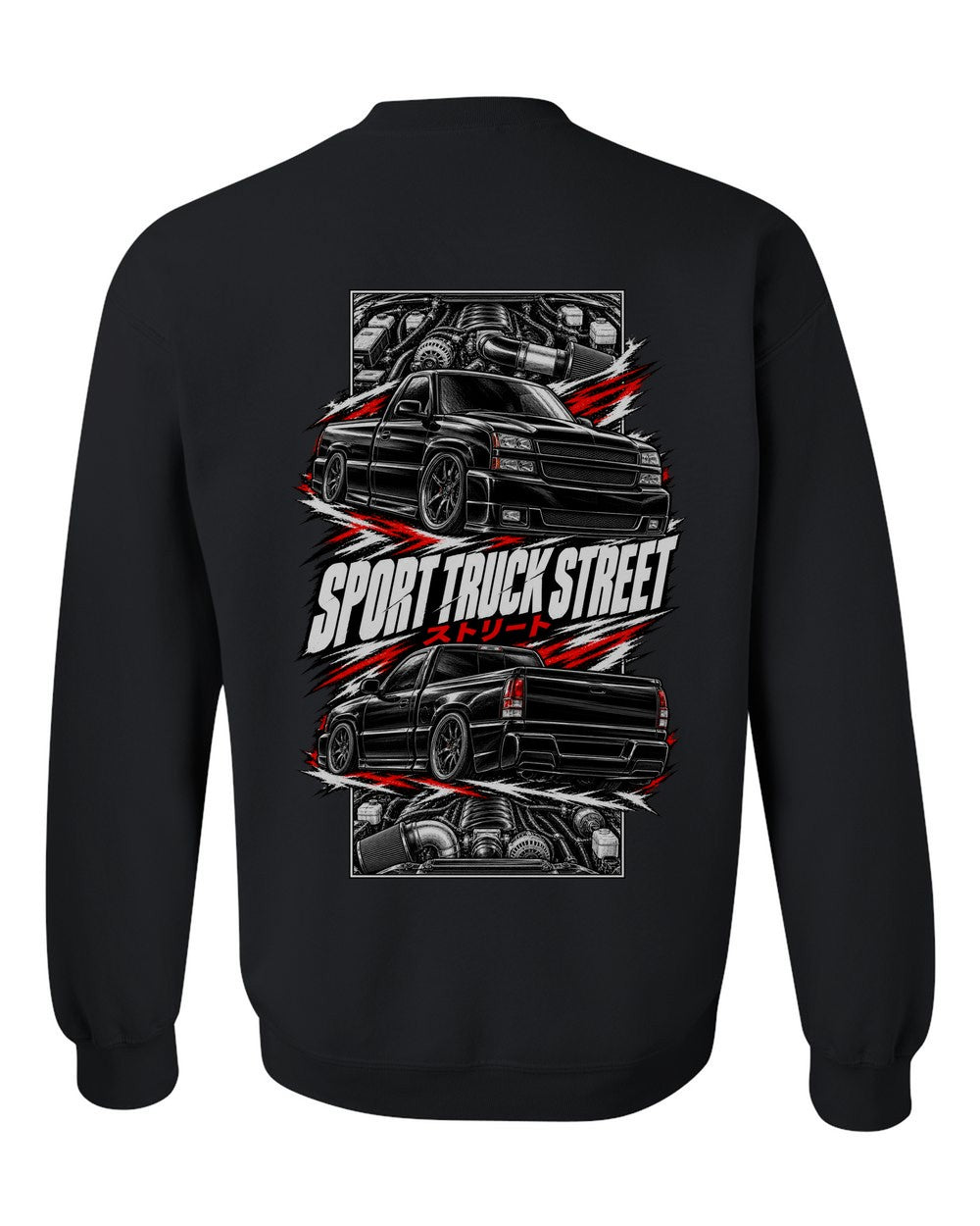 Chevy Silverado SS torn poster black crewneck back view with the design