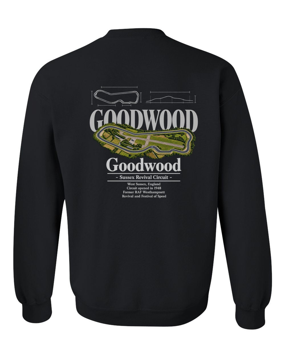 Goodwood black crewneck back view with the design