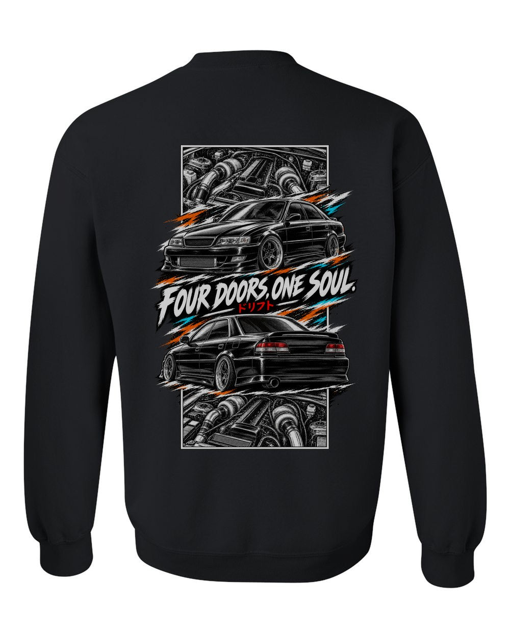 Toyota Chaser Jzx100 torn poster black crewneck back view with the design