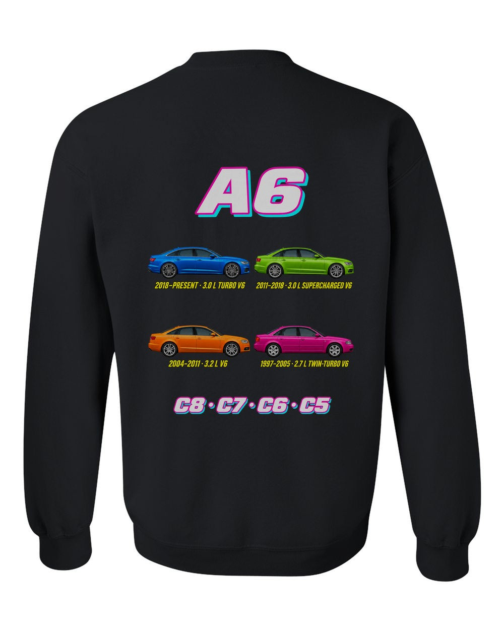 Audi A6 evolution poster black crewneck back view with the design