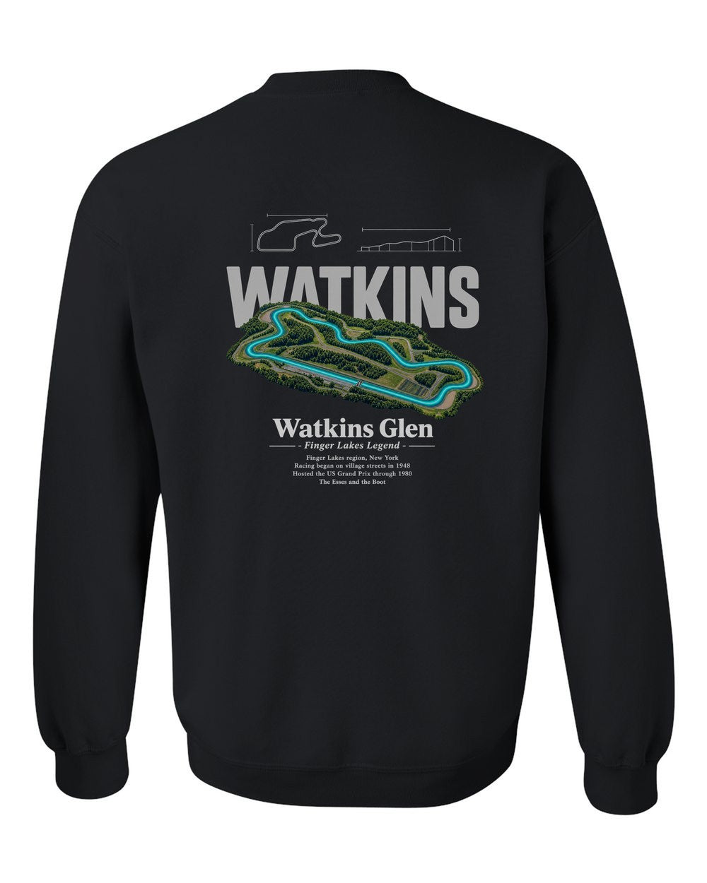 Watkins Glen black crewneck back view with the design