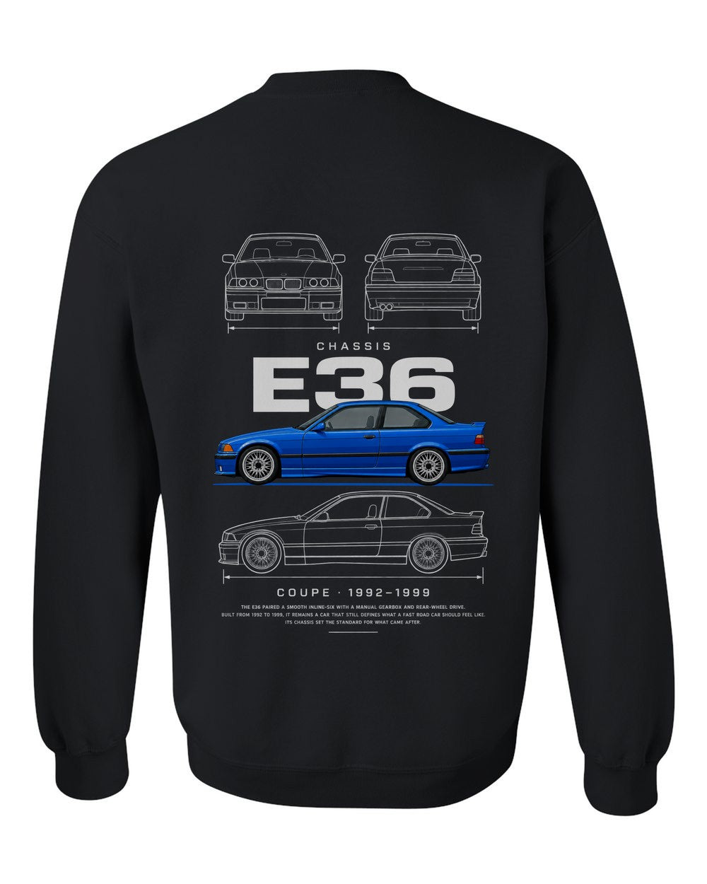 E36 full-back artwork black crewneck back view with the design