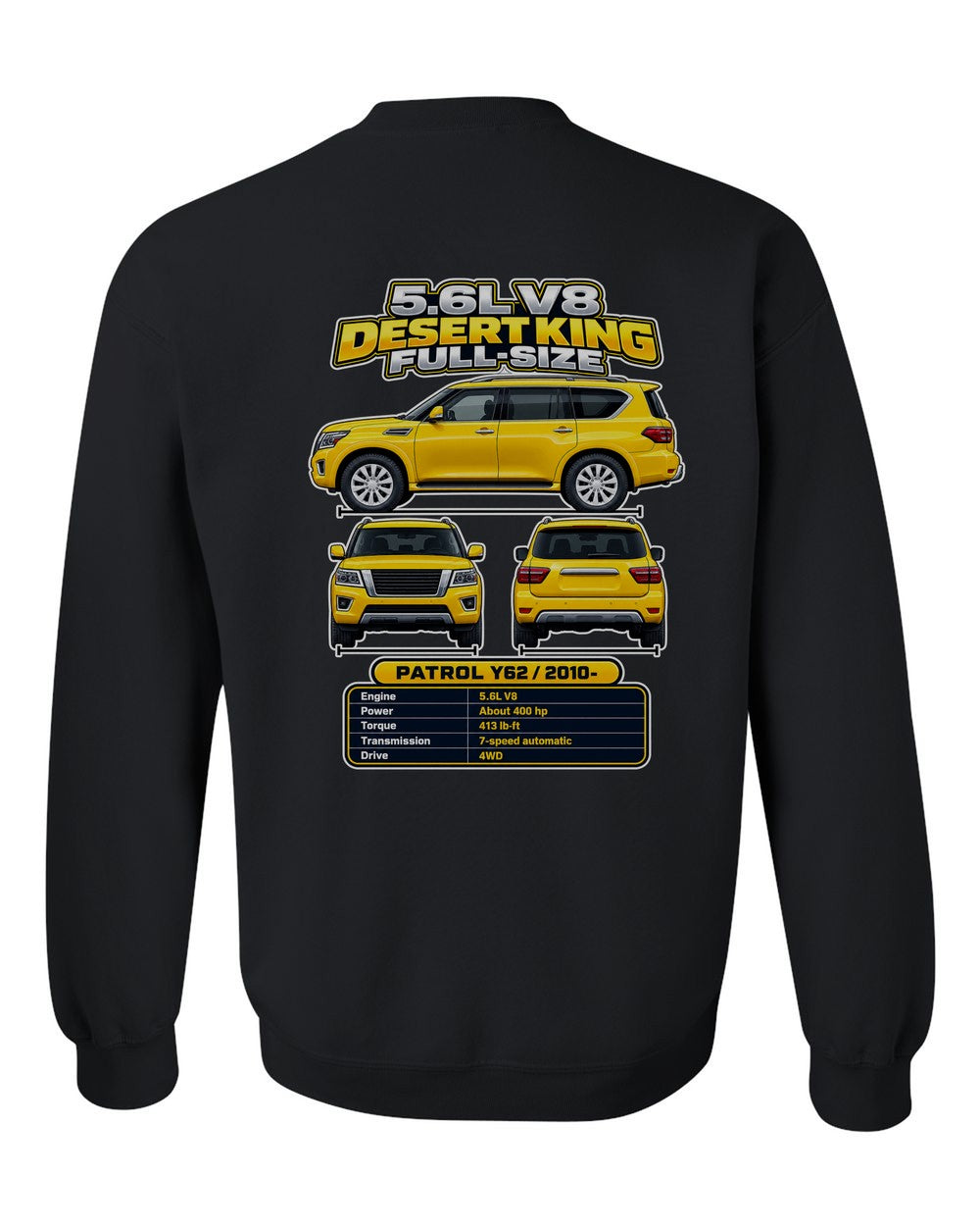 Nissan Patrol Y62 spec sheet black crewneck back view with the design
