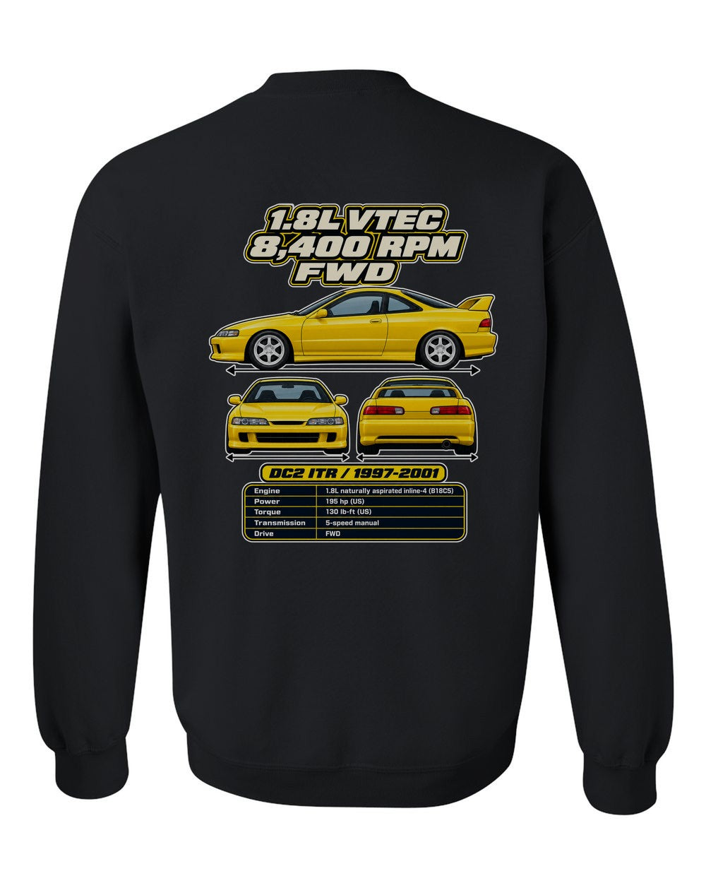 Acura Integra Type R Dc2 spec sheet black crewneck back view with the design
