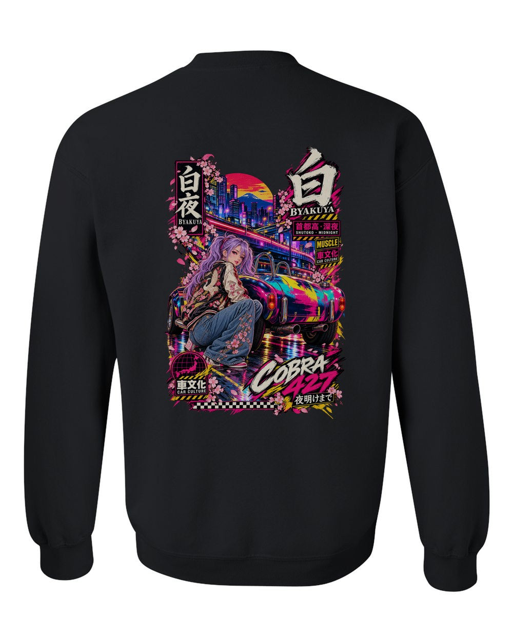 BYAKUYA COBRA 427 full-back artwork black crewneck back view with the design
