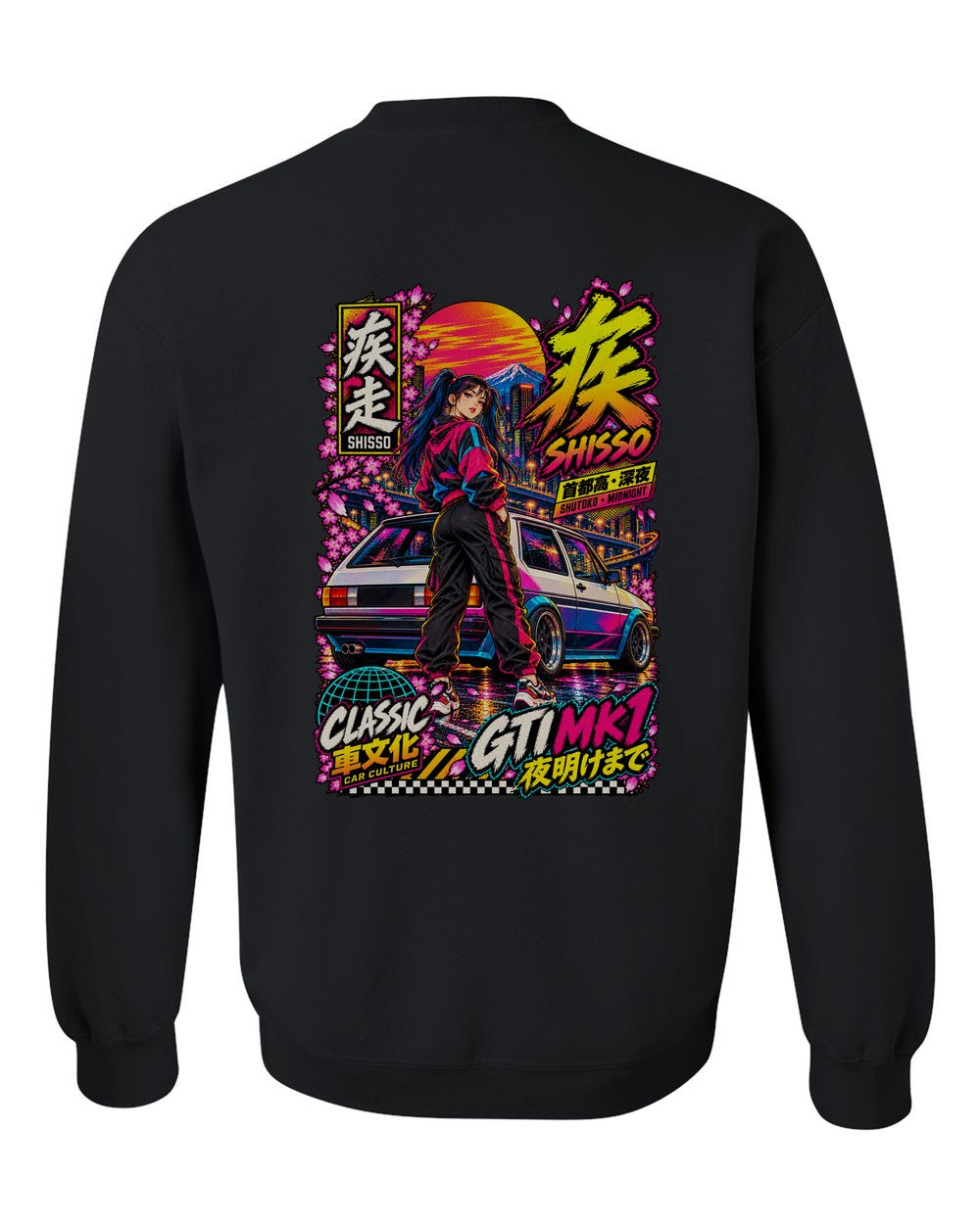 SHISSO GTI MK1 full-back artwork black crewneck back view with the design