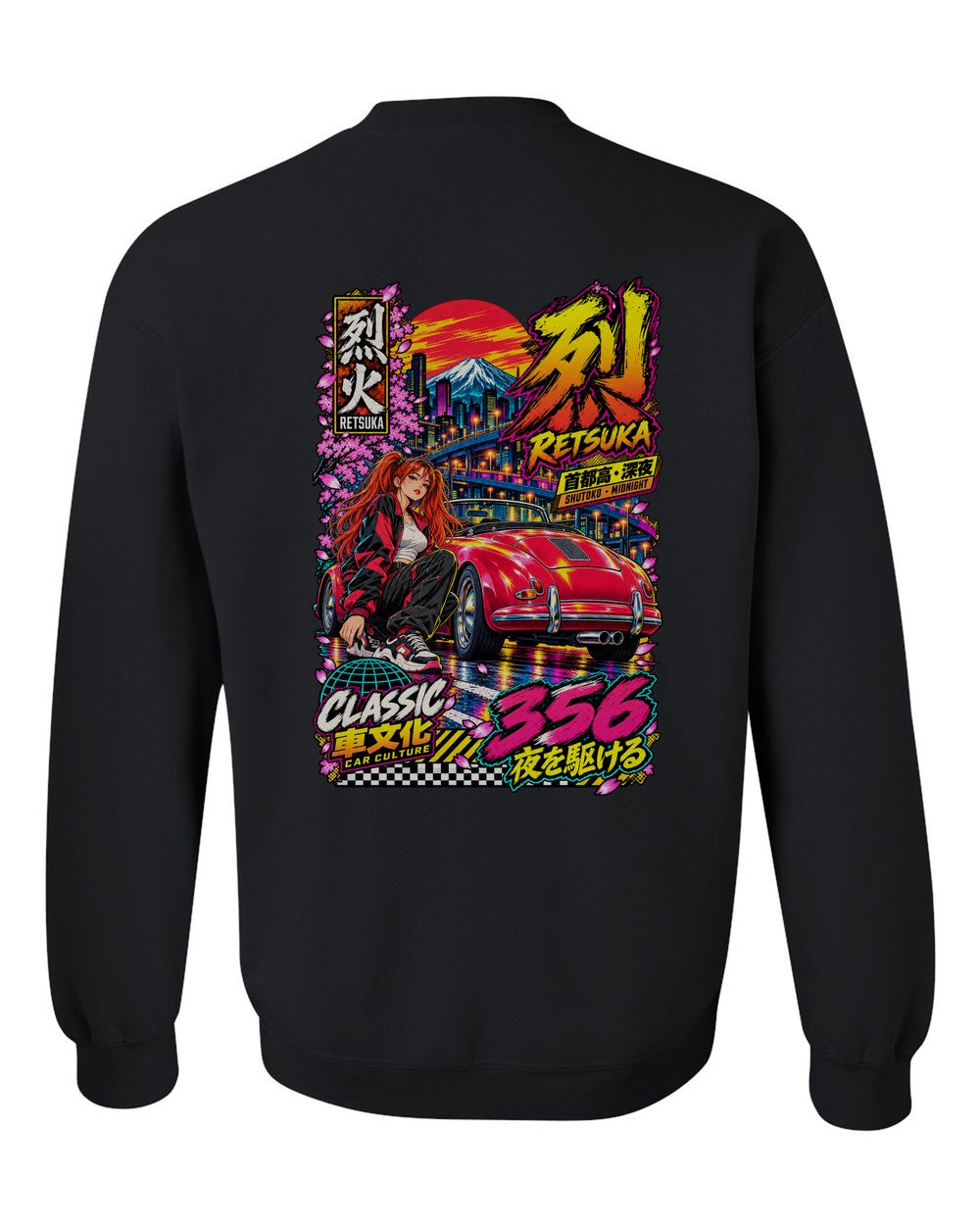 RETSUKA 356 full-back artwork black crewneck back view with the design
