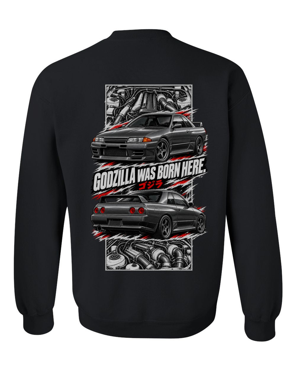 Nissan Skyline GT-R R32 torn poster black crewneck back view with the design
