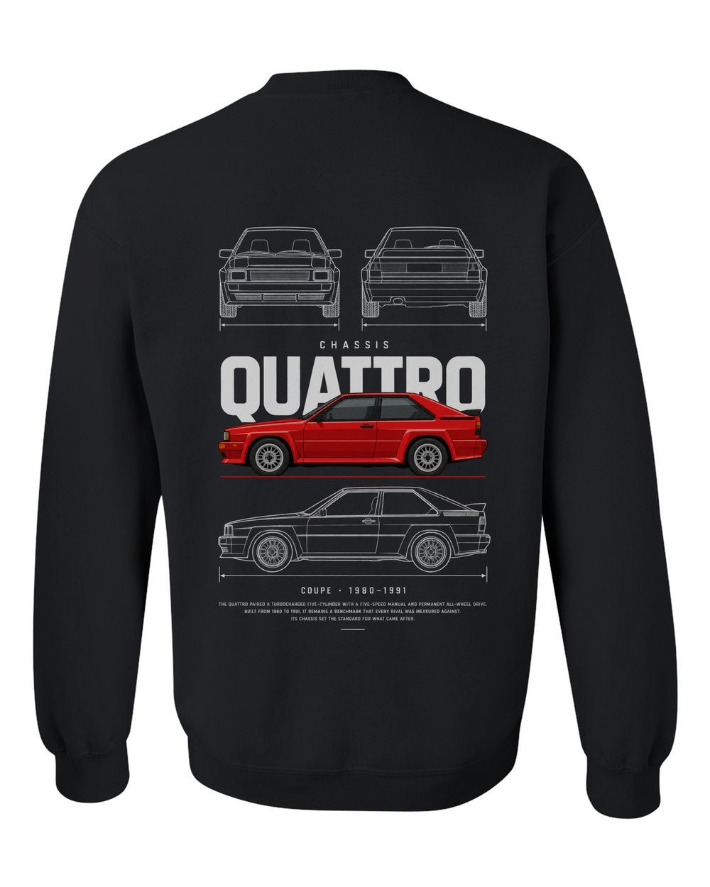QUATTRO full-back artwork black crewneck back view with the design