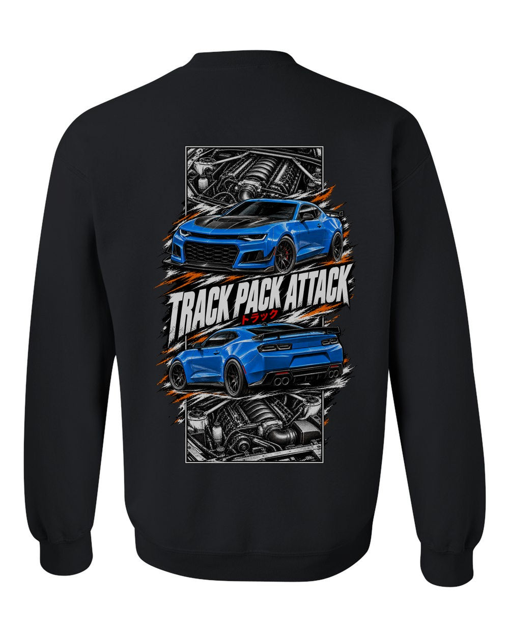 Chevy Camaro SS torn poster black crewneck back view with the design
