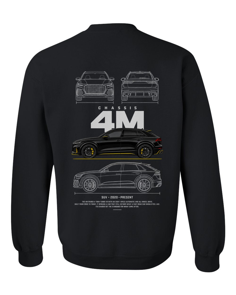 4M full-back artwork black crewneck back view with the design