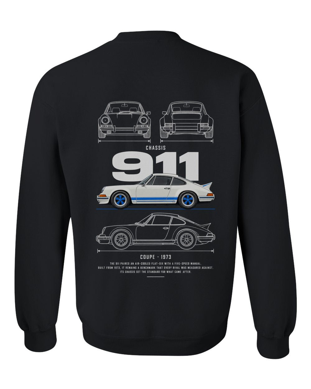 911 full-back artwork black crewneck back view with the design