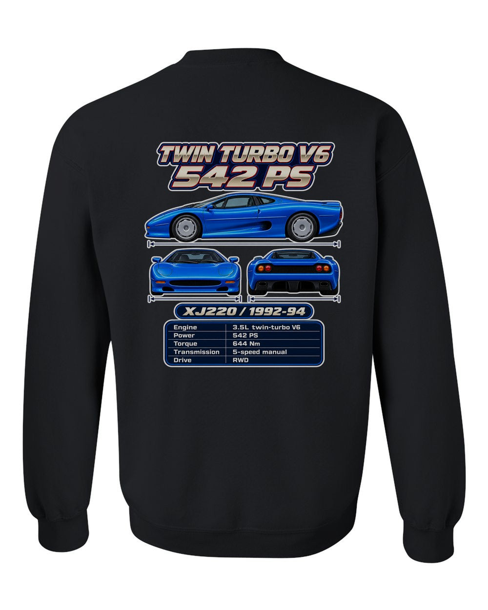Jaguar Xj220 spec sheet black crewneck back view with the design