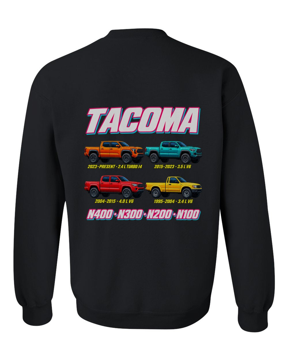 Toyota Tacoma evolution poster black crewneck back view with the design