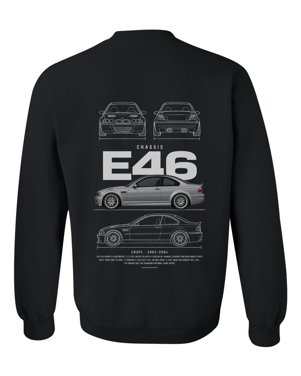 E46 full-back artwork black crewneck back view with the design
