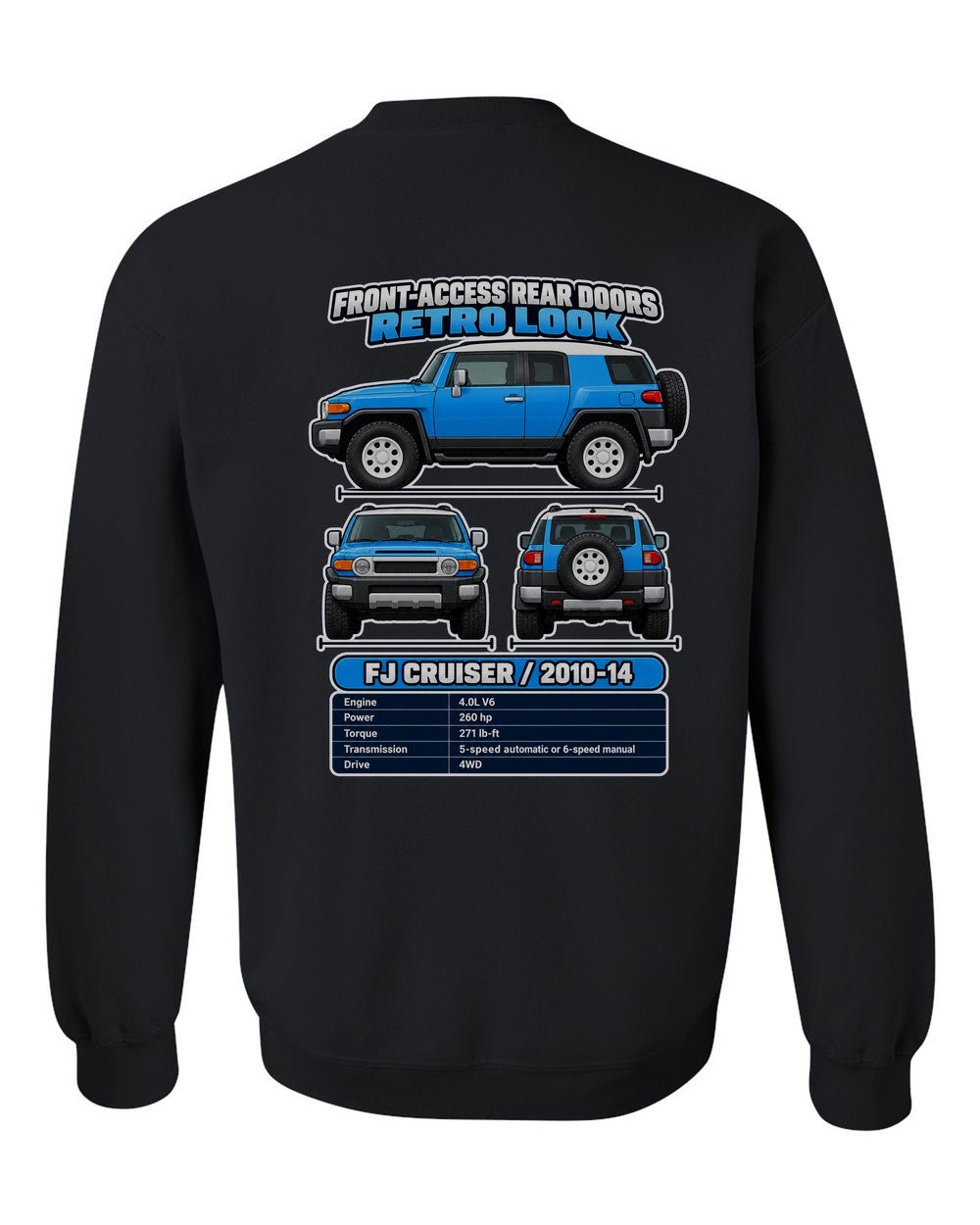Toyota Fj Cruiser spec sheet black crewneck back view with the design
