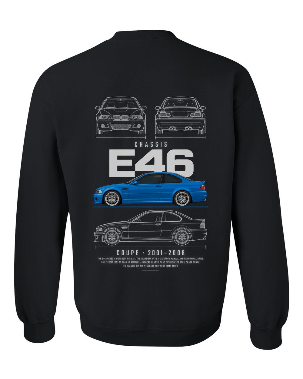 E46 full-back artwork black crewneck back view with the design