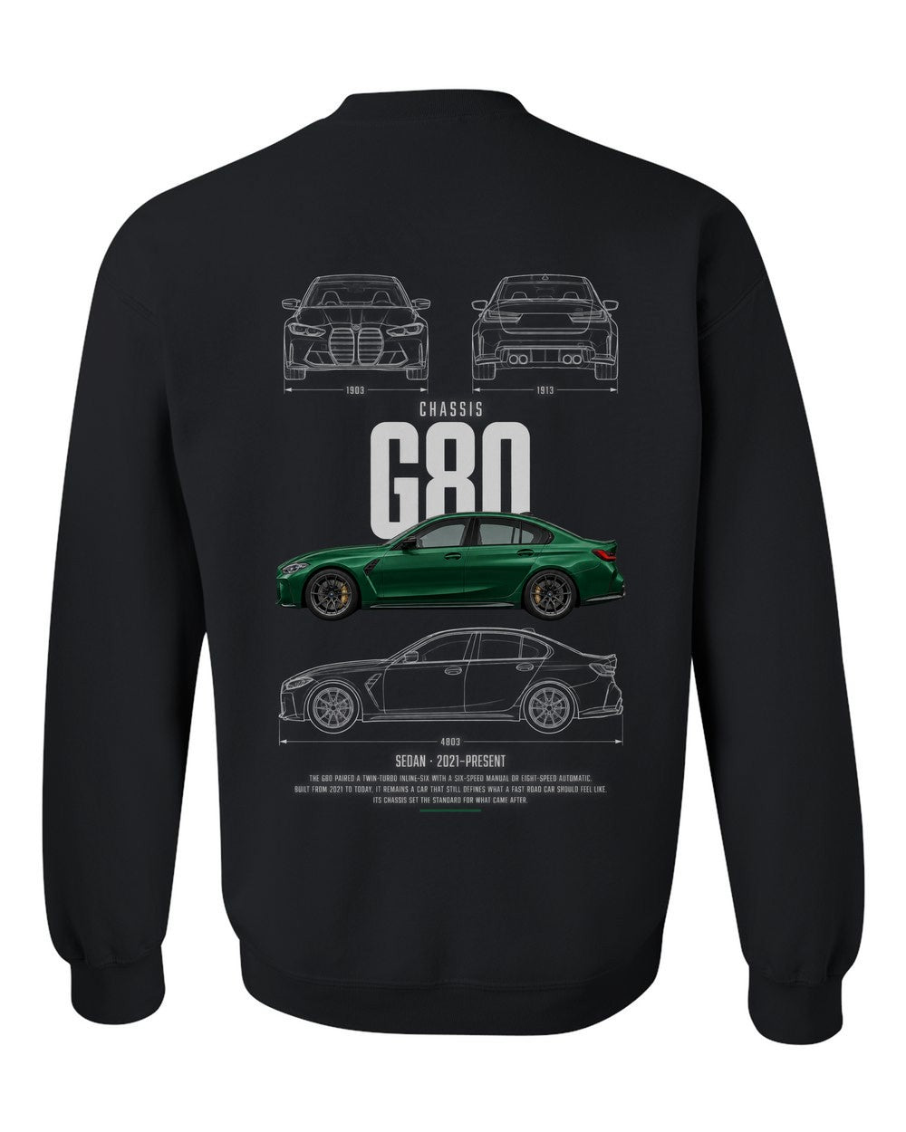 G80 full-back artwork black crewneck back view with the design