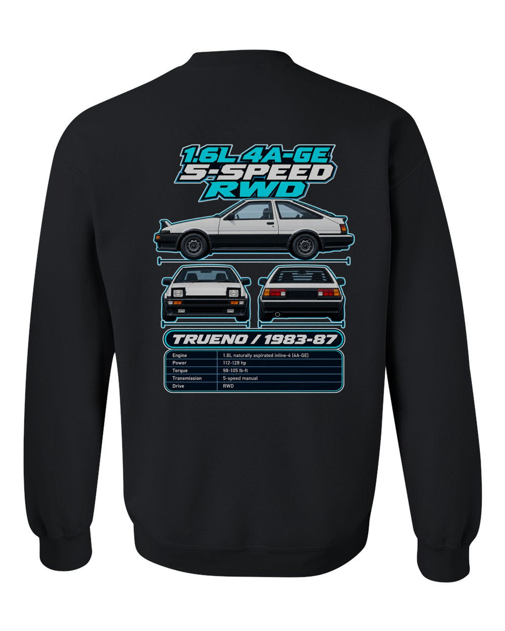 Toyota Ae86 Sprinter Trueno spec sheet black crewneck back view with the design